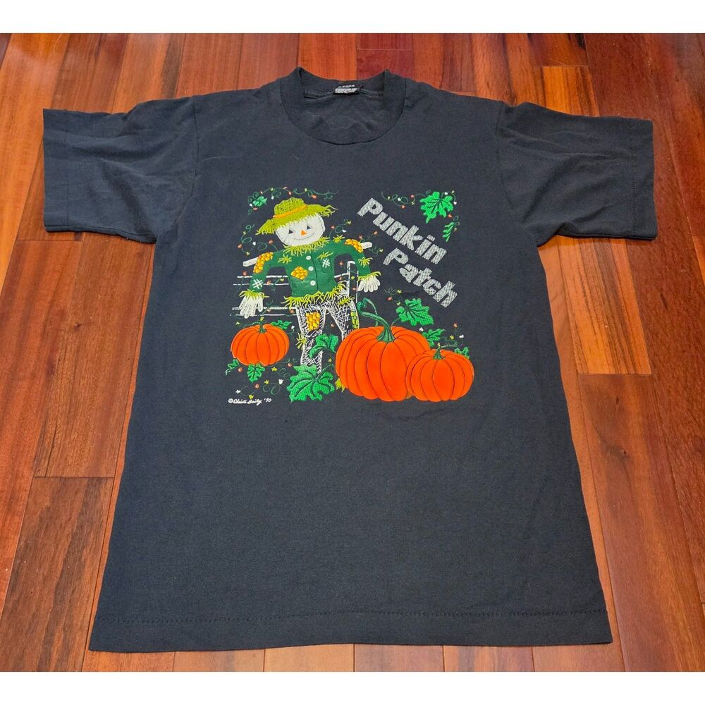 Vintage 90s Pumpkin Patch Halloween Graphic Tee M Black Scarecrow Fall